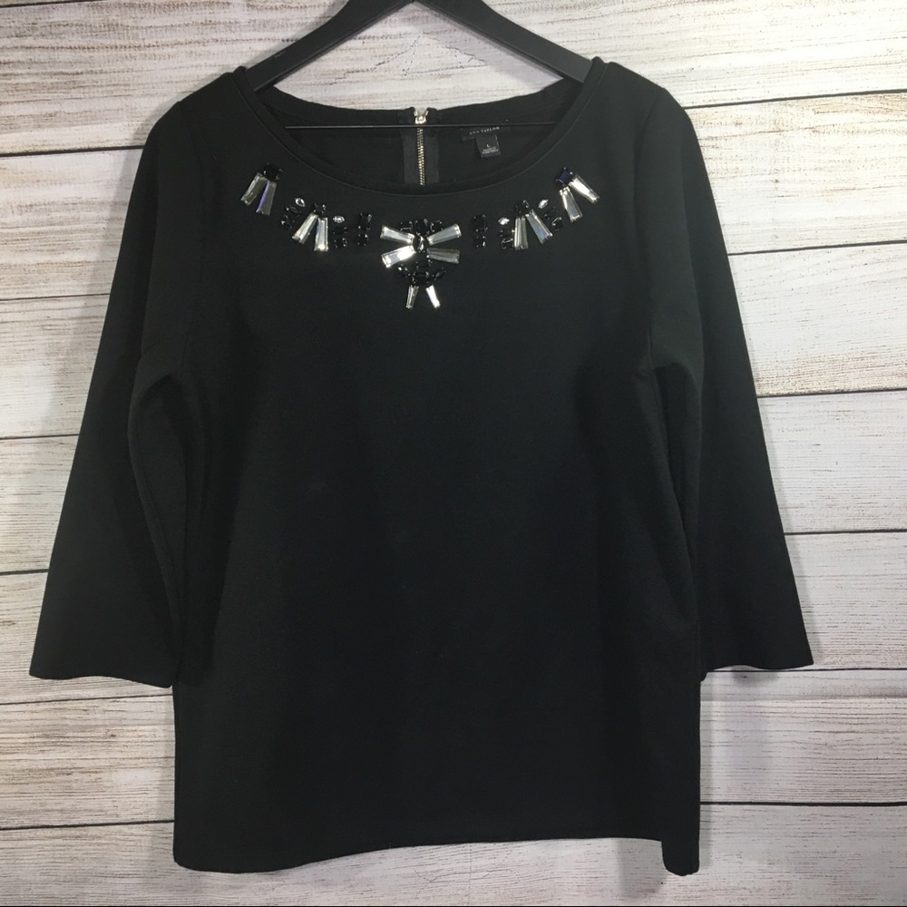 Ann Taylor Jeweled  Long Sleeve Black Blouse Top